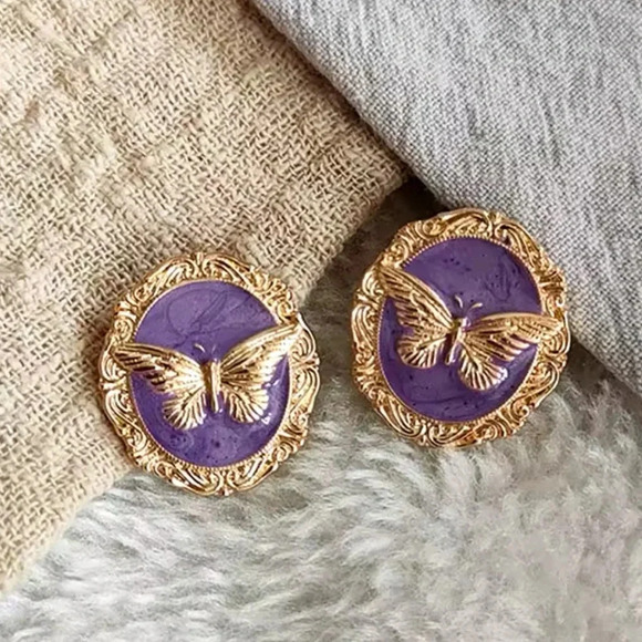 Vintage Purple Butterfly Earrings - Picture 1 of 3